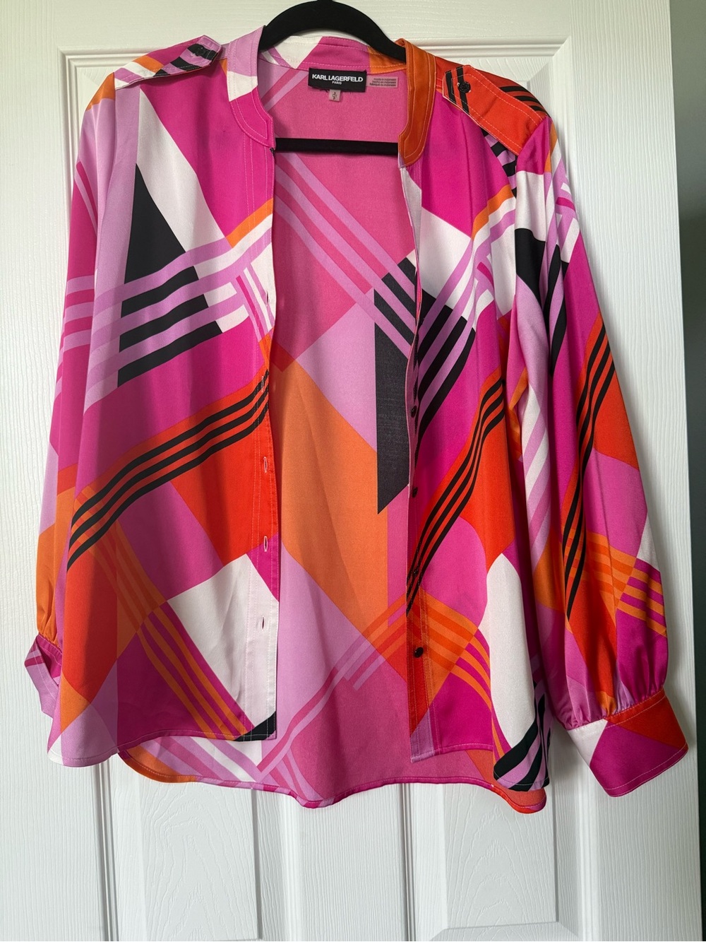 Karl Lagerfeld Pink Orange & Black Geometric Button-Front Blouse